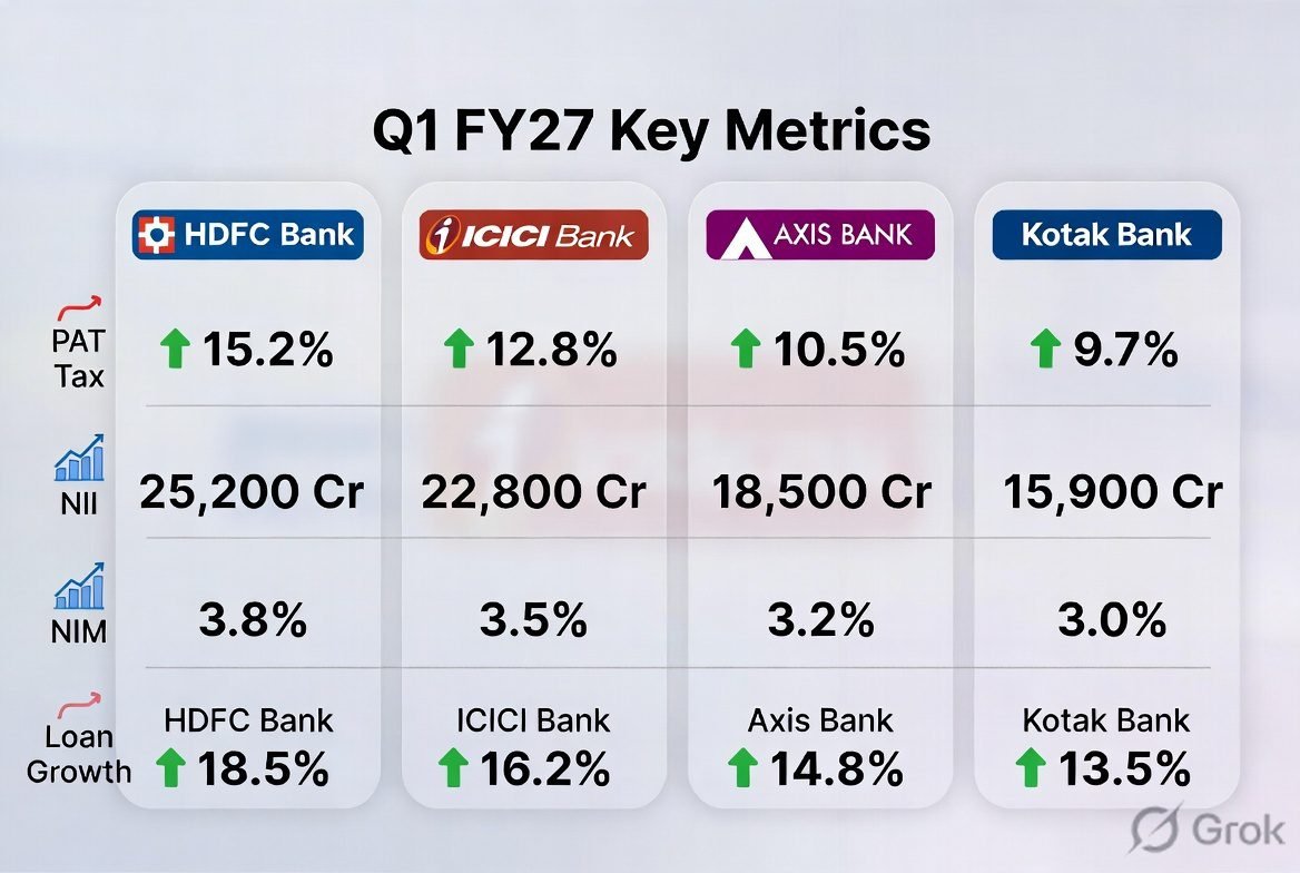 Q1 FY27 bank results side-by-side metrics dashboard