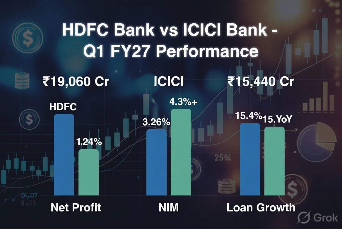 HDFC Bank vs ICICI Bank Q1 FY27 results comparison net profit NIM loan growth