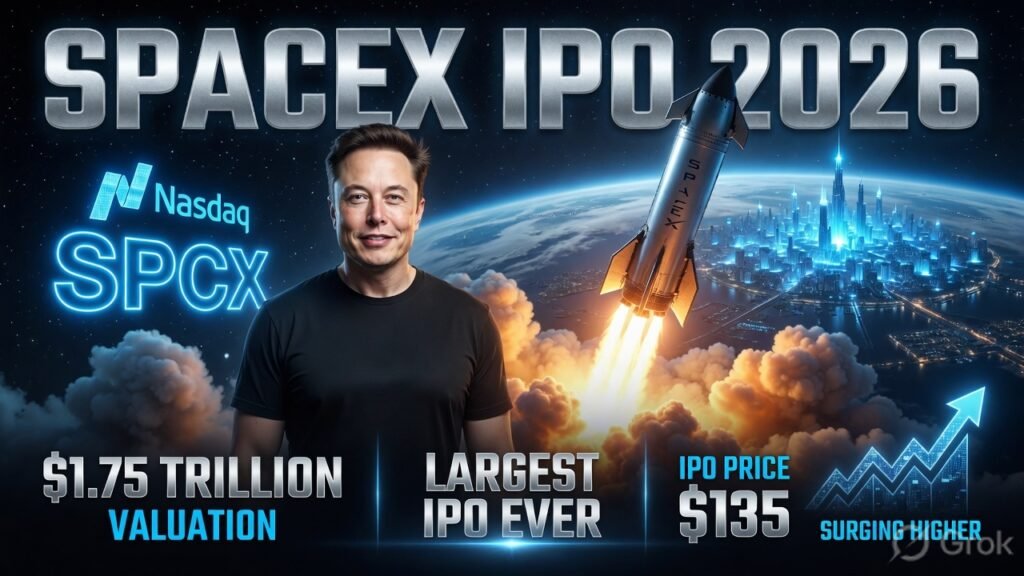 Elon Musk standing in front of a launching SpaceX Starship rocket with SPCX stock ticker, representing the record-breaking SpaceX IPO 2026 at $1.75 Trillion valuation.