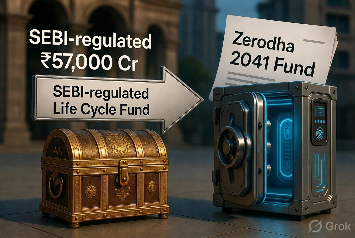 ₹57,000 Cr old solution-oriented funds being replaced by new SEBI Life Cycle Funds - Zerodha 2041 Fund shown in secure digital vault