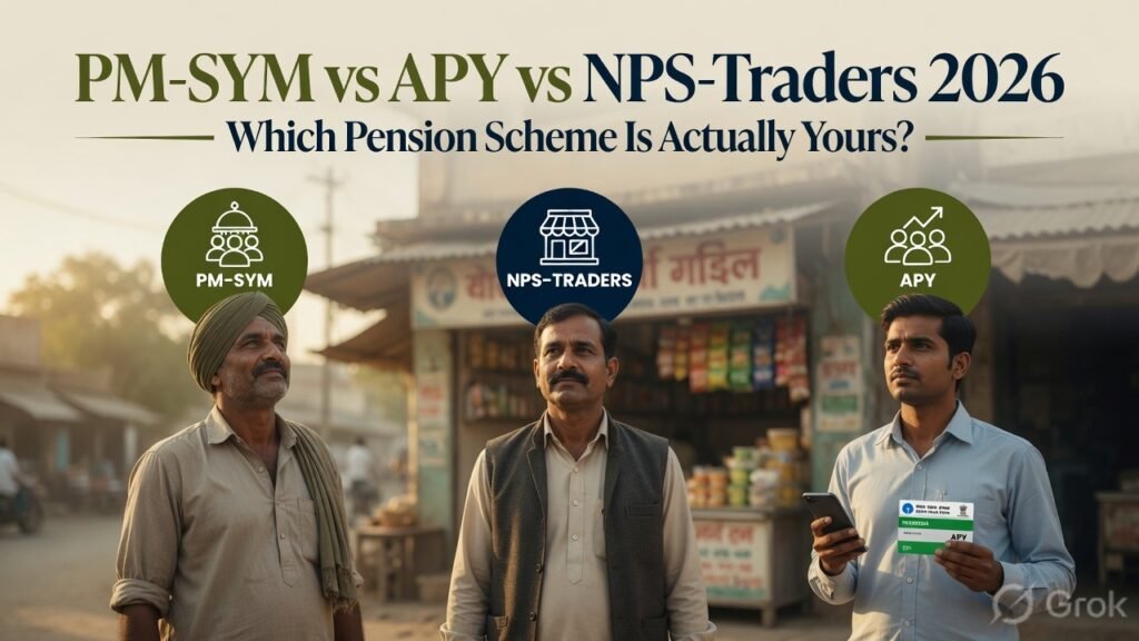 Three Indian individuals representing PM-SYM (daily wage worker), NPS-Traders (shopkeeper) and APY (common citizen) standing side by side for pension scheme comparison 2026.