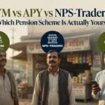 Three Indian individuals representing PM-SYM (daily wage worker), NPS-Traders (shopkeeper) and APY (common citizen) standing side by side for pension scheme comparison 2026.
