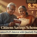 Happy Indian senior couple reviewing their Senior Citizens Savings Scheme account with financial security and peace of mind.