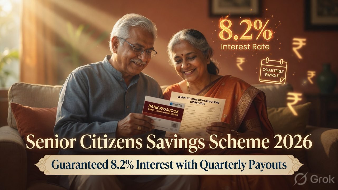 Happy Indian senior couple reviewing their Senior Citizens Savings Scheme account with financial security and peace of mind.