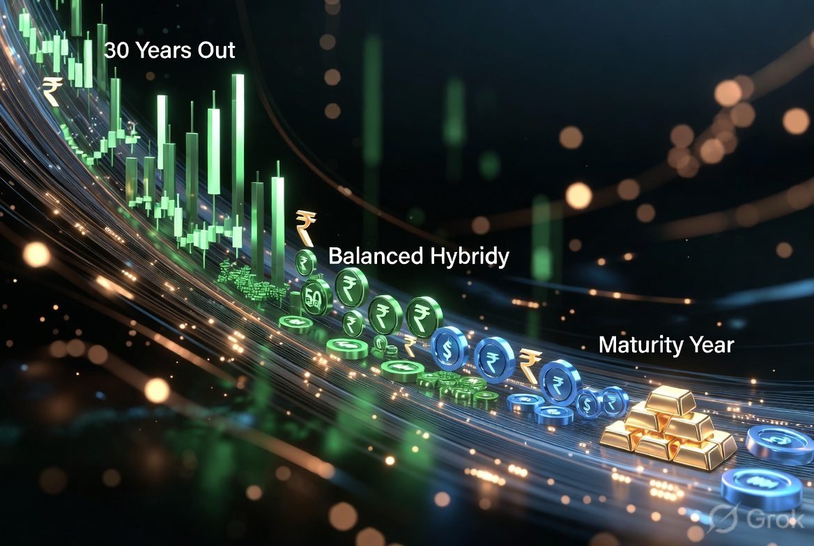 Life Cycle Fund Glide Path explained - Equity allocation automatically decreases from 95% (30 years away) to 10-20% near maturity with Indian rupee symbols