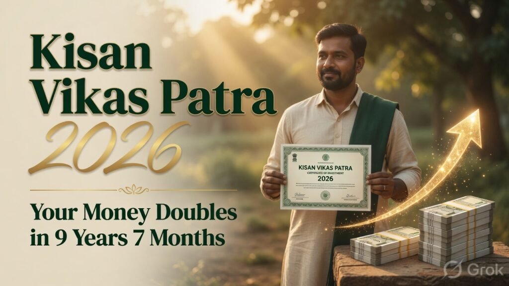 Confident Indian adult holding a Kisan Vikas Patra certificate with a glowing doubling arrow, representing the government scheme that doubles money in 115 months.