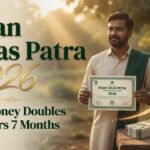 Confident Indian adult holding a Kisan Vikas Patra certificate with a glowing doubling arrow, representing the government scheme that doubles money in 115 months.