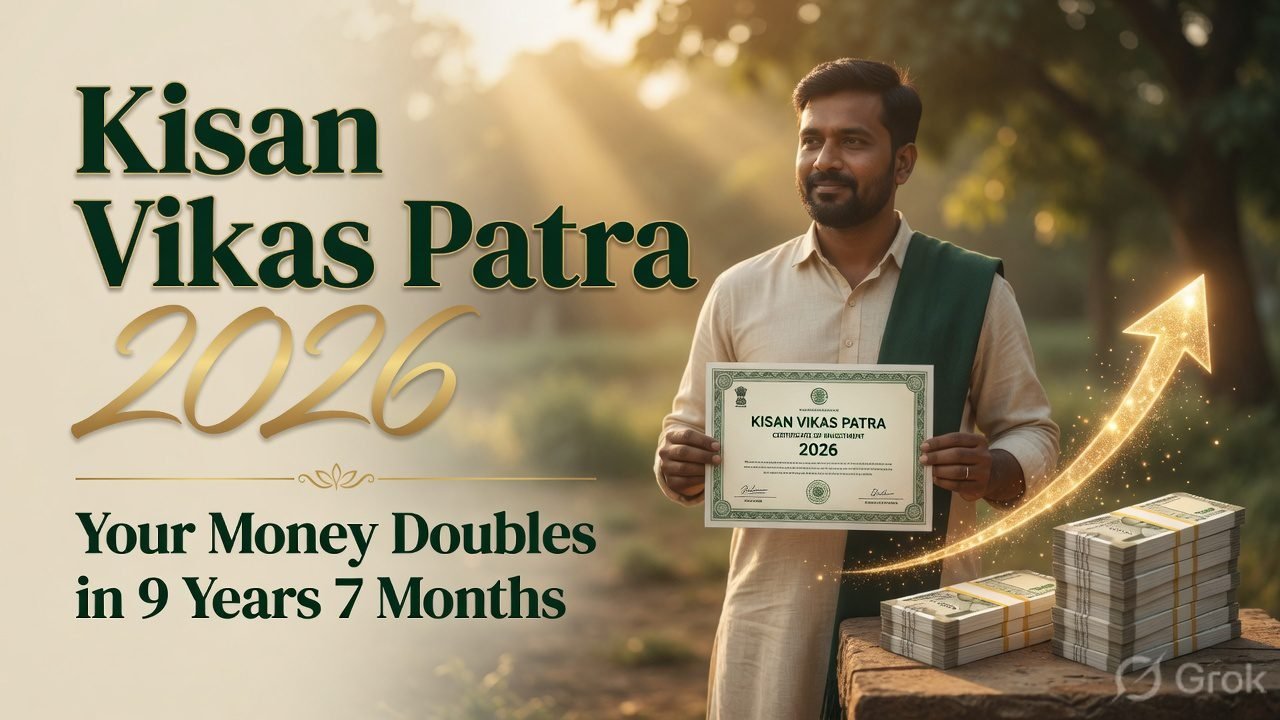 Confident Indian adult holding a Kisan Vikas Patra certificate with a glowing doubling arrow, representing the government scheme that doubles money in 115 months.