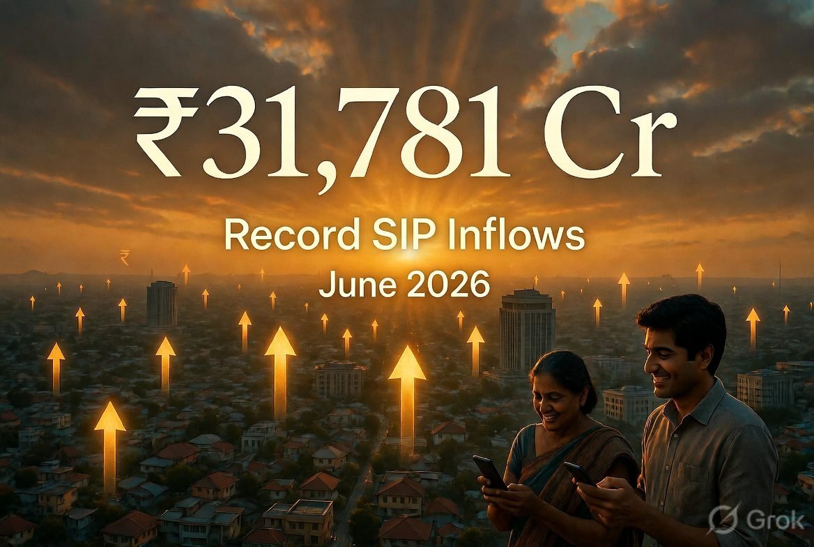 Record SIP Inflows June 2026 - ₹31,781 Crore in India with glowing rupee arrows rising over city skyline and happy Indian investors