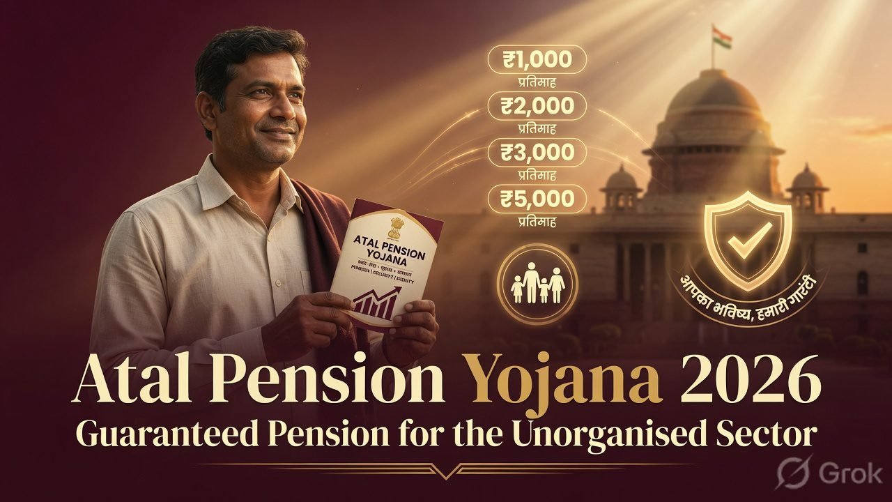 Hopeful Indian man from the unorganised sector holding a pension booklet under golden light, representing Atal Pension Yojana 2026 guaranteed retirement scheme.