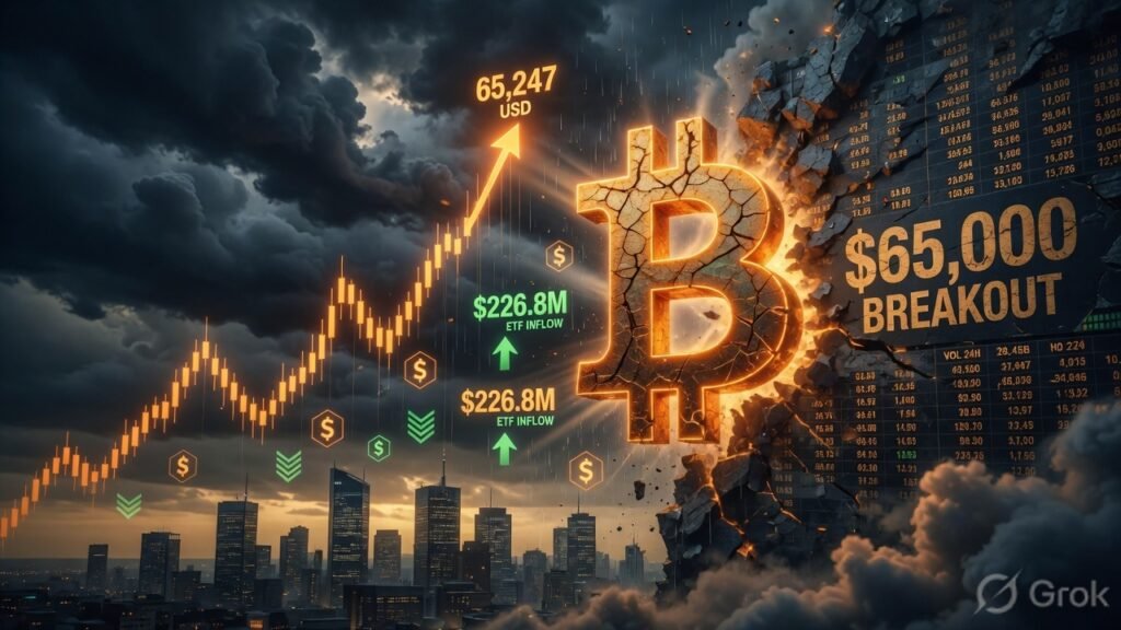 Bitcoin price breaking above $65,000 with strong institutional ETF inflows visualized in cinematic style, July 2026