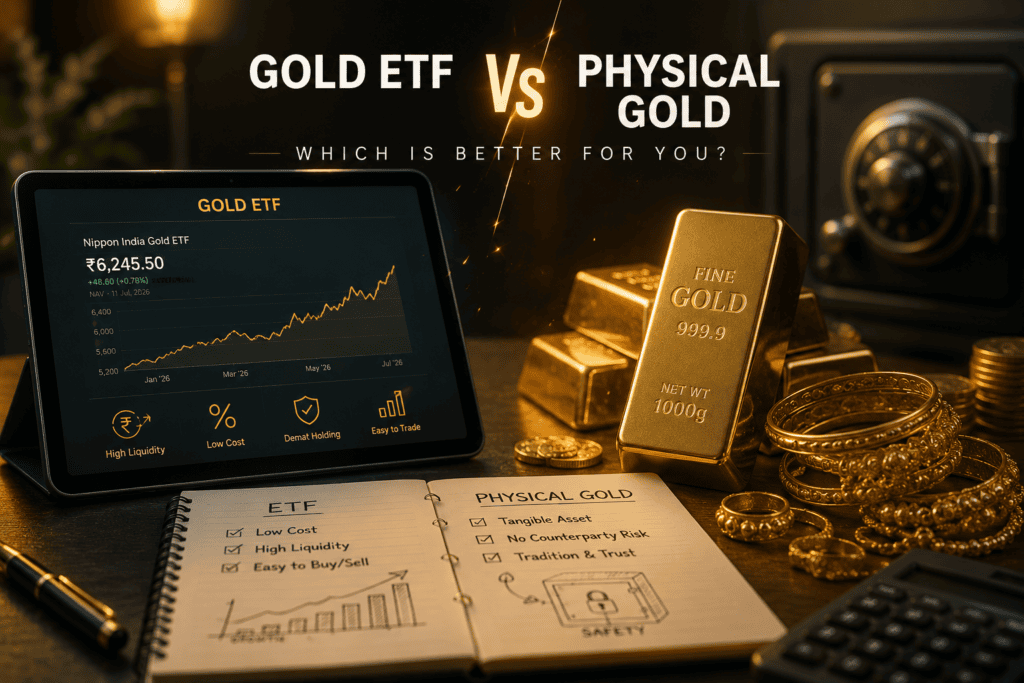 Gold ETF vs Physical Gold comparison showing digital gold investment and physical gold bars for Indian investors in 2026.