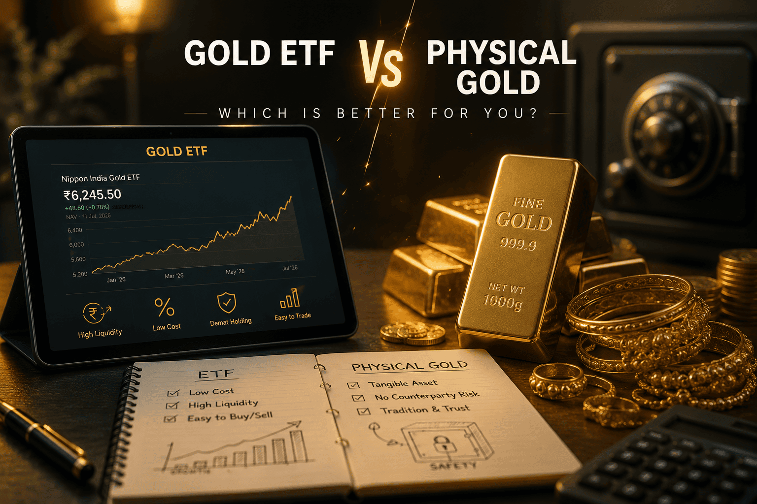 Gold ETF vs Physical Gold comparison showing digital gold investment and physical gold bars for Indian investors in 2026.