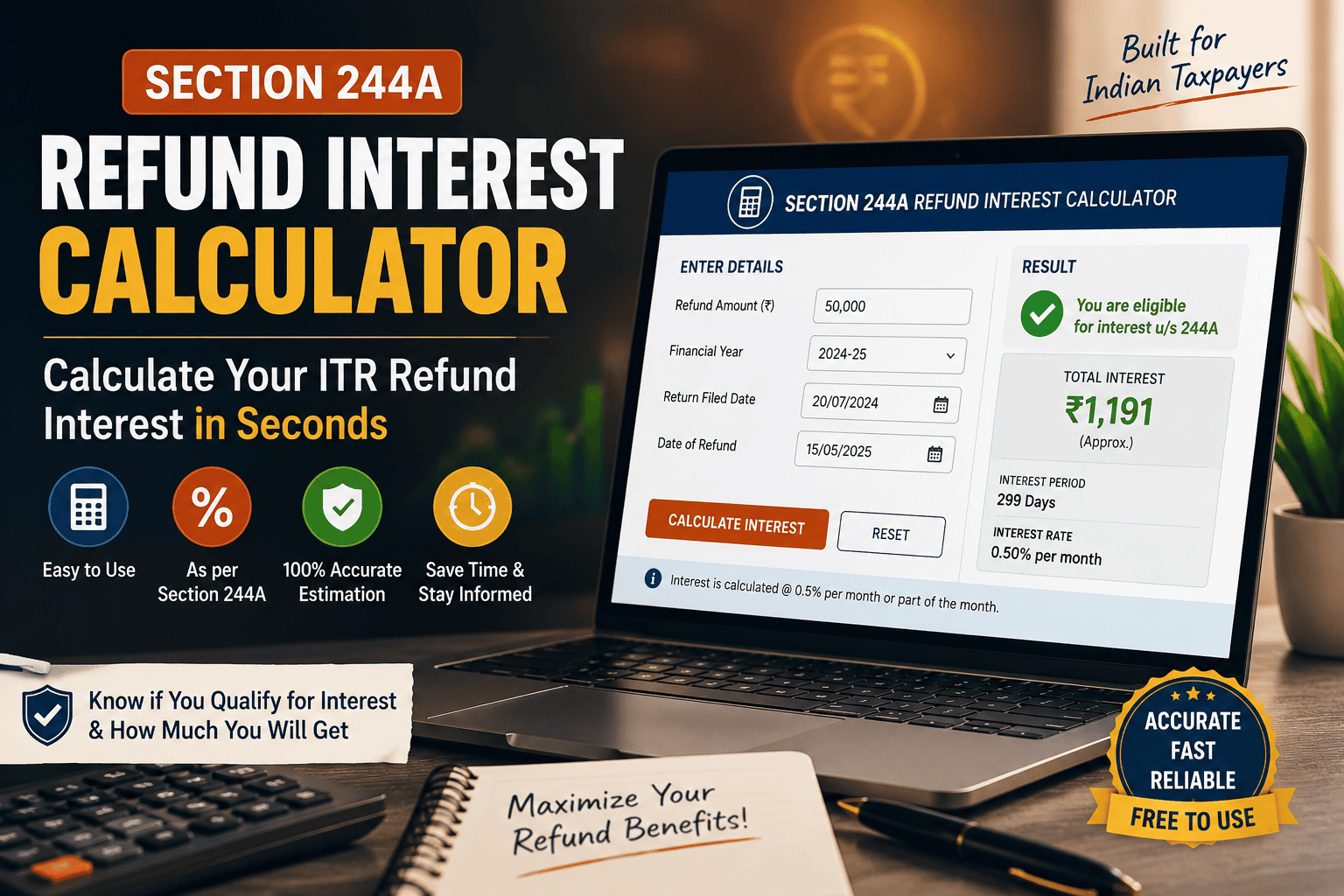 Section 244A Refund Interest Calculator 2026 showing ITR refund interest estimation under Income Tax Act