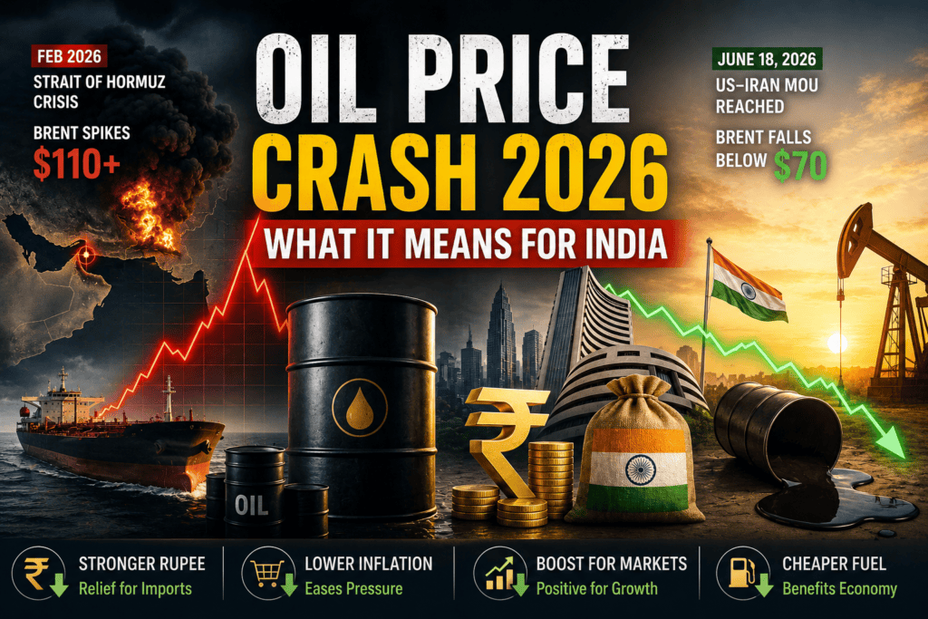 Oil Price Crash 2026 feature image showing Brent crude oil falling below $70, oil barrels, Strait of Hormuz crisis, Indian rupee, stock market, and India's economy.