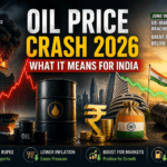 Oil Price Crash 2026 feature image showing Brent crude oil falling below $70, oil barrels, Strait of Hormuz crisis, Indian rupee, stock market, and India's economy.