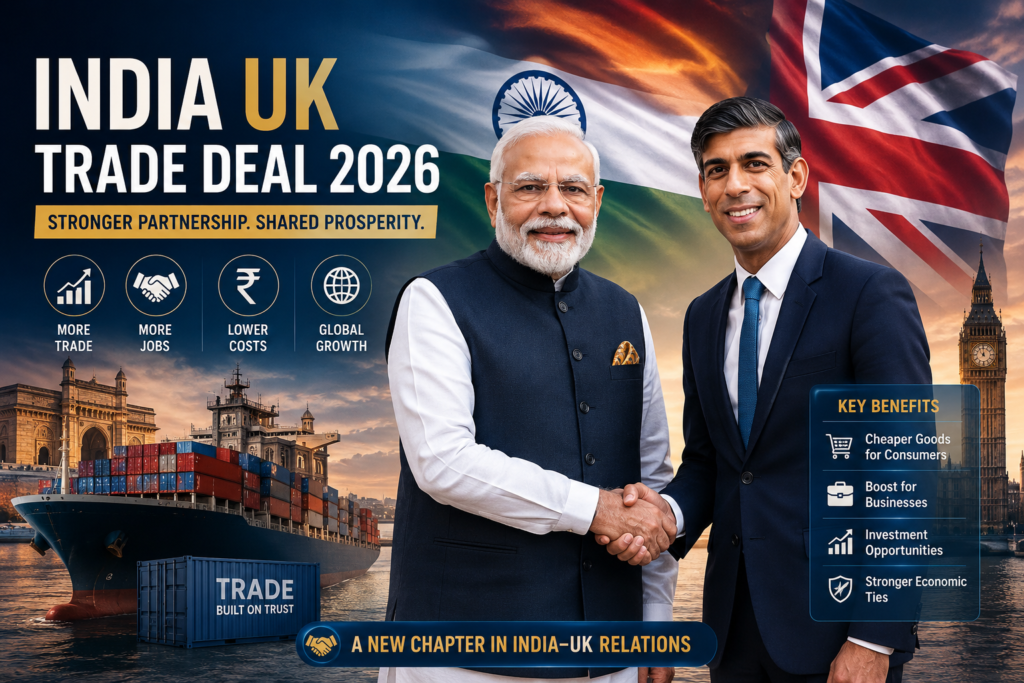 India UK Trade Deal 2026 with Prime Minister Narendra Modi and Rishi Sunak handshake, Indian and UK flags, Gateway of India and Big Ben in background