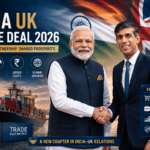 India UK Trade Deal 2026 with Prime Minister Narendra Modi and Rishi Sunak handshake, Indian and UK flags, Gateway of India and Big Ben in background