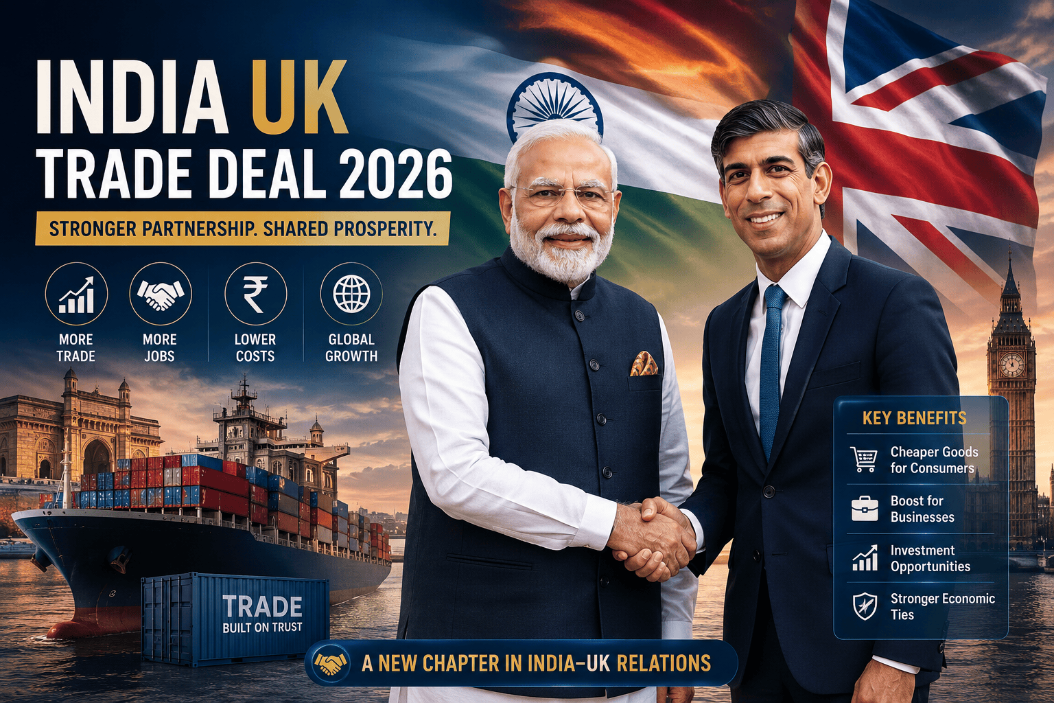 India UK Trade Deal 2026 with Prime Minister Narendra Modi and Rishi Sunak handshake, Indian and UK flags, Gateway of India and Big Ben in background