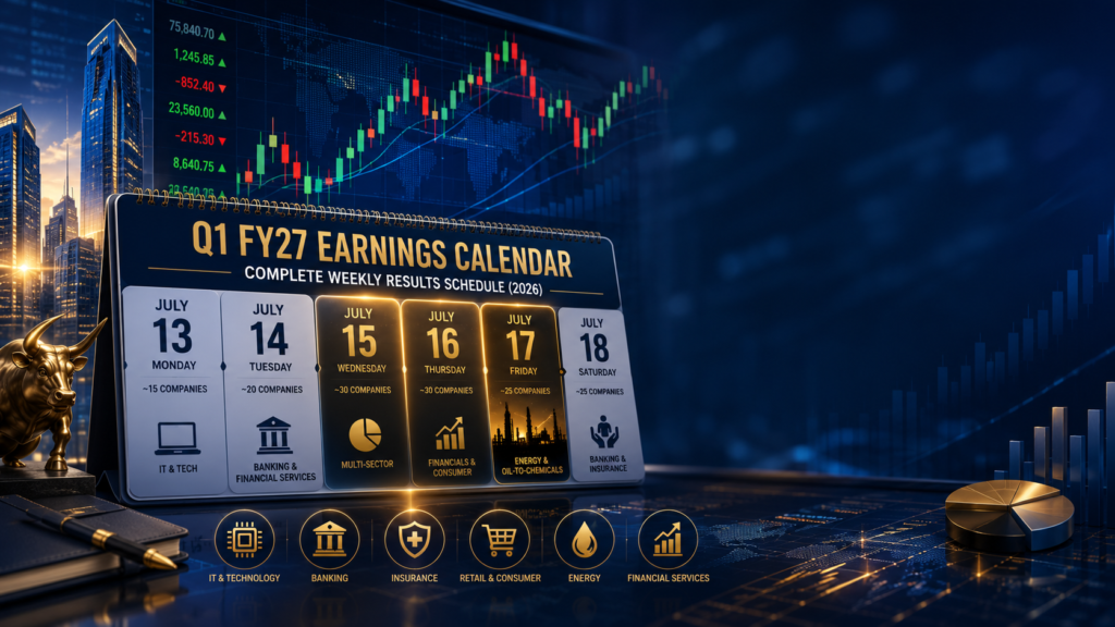 Q1 FY27 earnings calendar showing weekly corporate results schedule with stock market charts and financial sectors for July 2026.