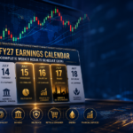 Q1 FY27 earnings calendar showing weekly corporate results schedule with stock market charts and financial sectors for July 2026.
