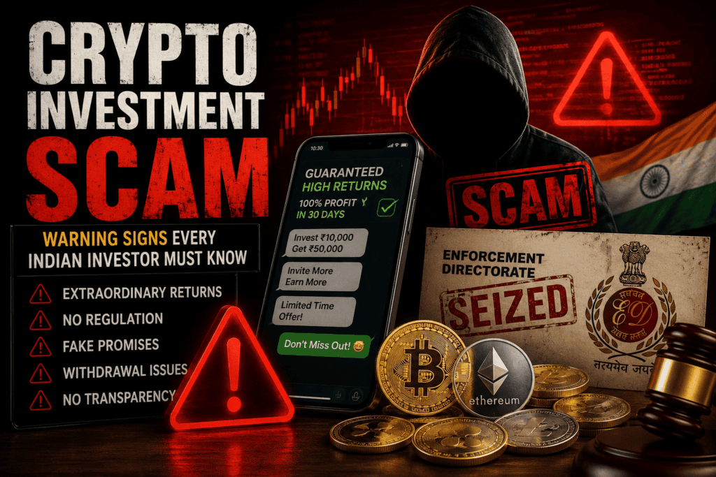 Crypto investment scam warning signs featuring a hacker, fake investment promises, cryptocurrency coins, and Enforcement Directorate action in India.