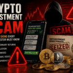 Crypto investment scam warning signs featuring a hacker, fake investment promises, cryptocurrency coins, and Enforcement Directorate action in India.