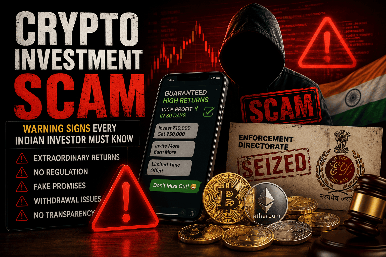 Crypto investment scam warning signs featuring a hacker, fake investment promises, cryptocurrency coins, and Enforcement Directorate action in India.