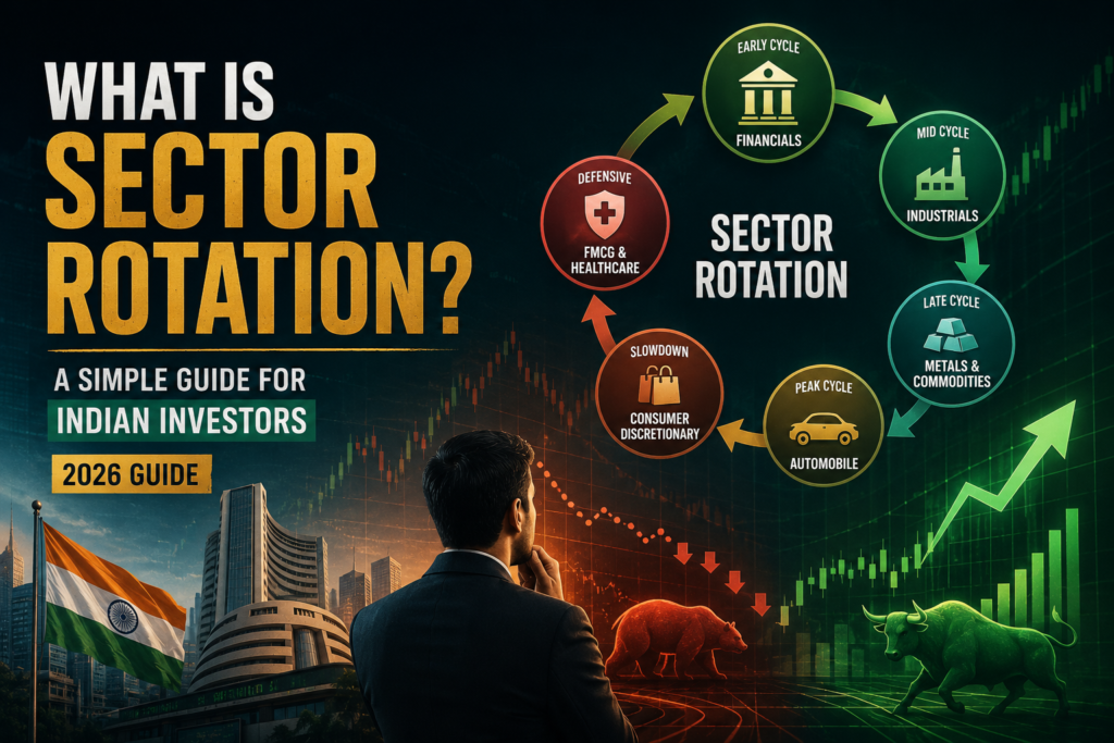 Sector rotation illustration showing capital moving between banking, industrial, automobile, metals, FMCG, and healthcare sectors during different market cycles in India.