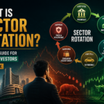 Sector rotation illustration showing capital moving between banking, industrial, automobile, metals, FMCG, and healthcare sectors during different market cycles in India.