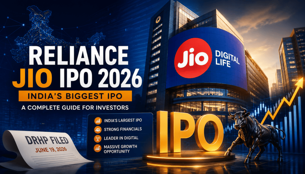 Reliance Jio IPO 2026 feature image showing India's biggest IPO, digital telecom headquarters, stock market growth chart, and investor theme.