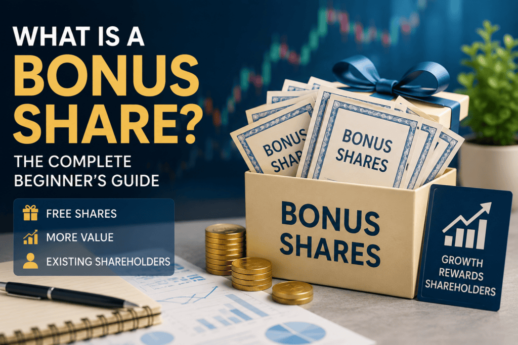 What is a Bonus Share? Professional financial illustration showing free bonus shares, stock certificates, gift box, gold coins, and stock market growth chart for existing shareholders.