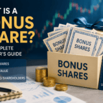 What is a Bonus Share? Professional financial illustration showing free bonus shares, stock certificates, gift box, gold coins, and stock market growth chart for existing shareholders.