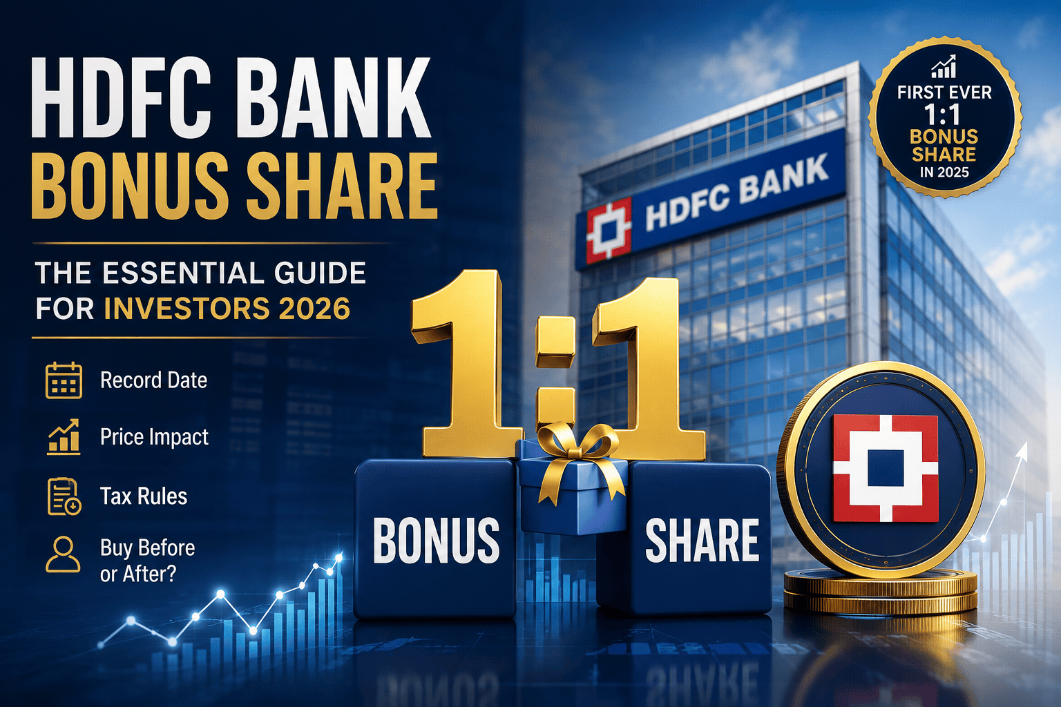 HDFC Bank 1:1 bonus share guide showing first-ever bonus issue, stock market growth chart, and investor insights for 2026.