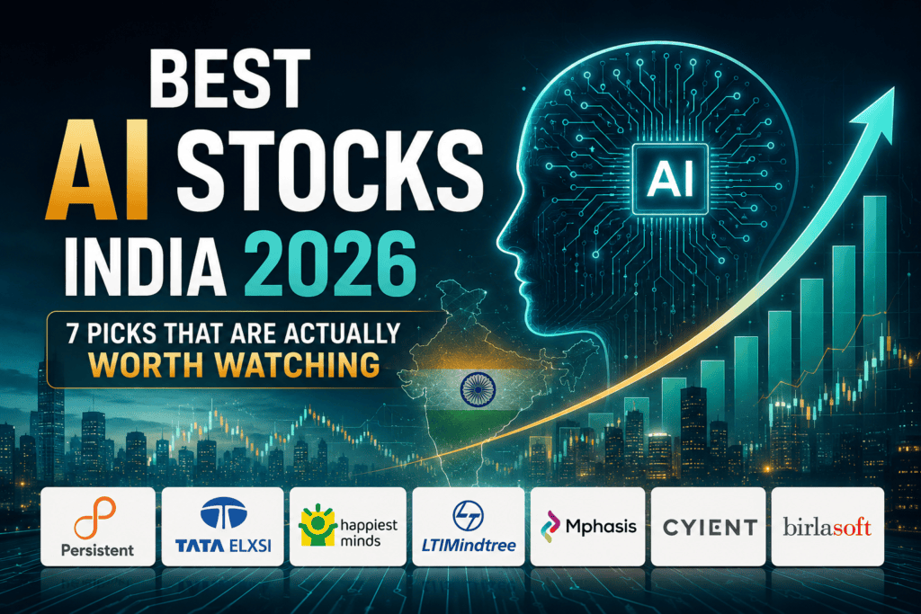 Best AI Stocks India 2026 featuring AI technology, Indian stock market growth chart, and top AI companies including Persistent Systems, Tata Elxsi, Happiest Minds, LTIMindtree, Mphasis, Cyient, and Birlasoft.