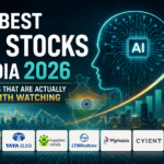 Best AI Stocks India 2026 featuring AI technology, Indian stock market growth chart, and top AI companies including Persistent Systems, Tata Elxsi, Happiest Minds, LTIMindtree, Mphasis, Cyient, and Birlasoft.