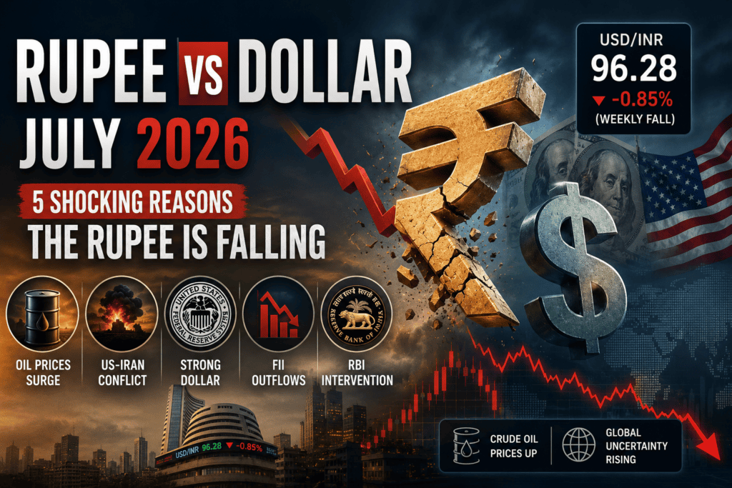 Cinematic illustration showing the Indian Rupee falling against the US Dollar with a cracked rupee symbol, USD sign, falling stock market chart, oil prices, RBI intervention, and global economic uncertainty in July 2026.