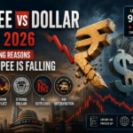 Cinematic illustration showing the Indian Rupee falling against the US Dollar with a cracked rupee symbol, USD sign, falling stock market chart, oil prices, RBI intervention, and global economic uncertainty in July 2026.