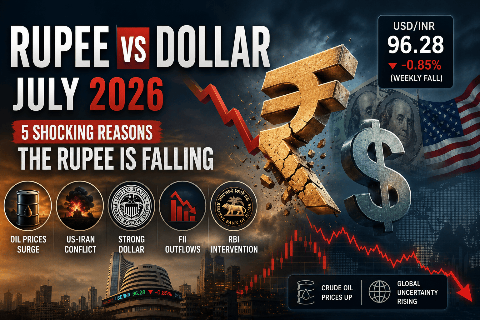 Cinematic illustration showing the Indian Rupee falling against the US Dollar with a cracked rupee symbol, USD sign, falling stock market chart, oil prices, RBI intervention, and global economic uncertainty in July 2026.