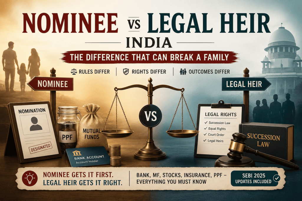 Illustration comparing nominee vs legal heir in India with bank accounts, mutual funds, insurance, PPF, legal documents, Supreme Court, and family inheritance concepts.