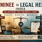 Illustration comparing nominee vs legal heir in India with bank accounts, mutual funds, insurance, PPF, legal documents, Supreme Court, and family inheritance concepts.