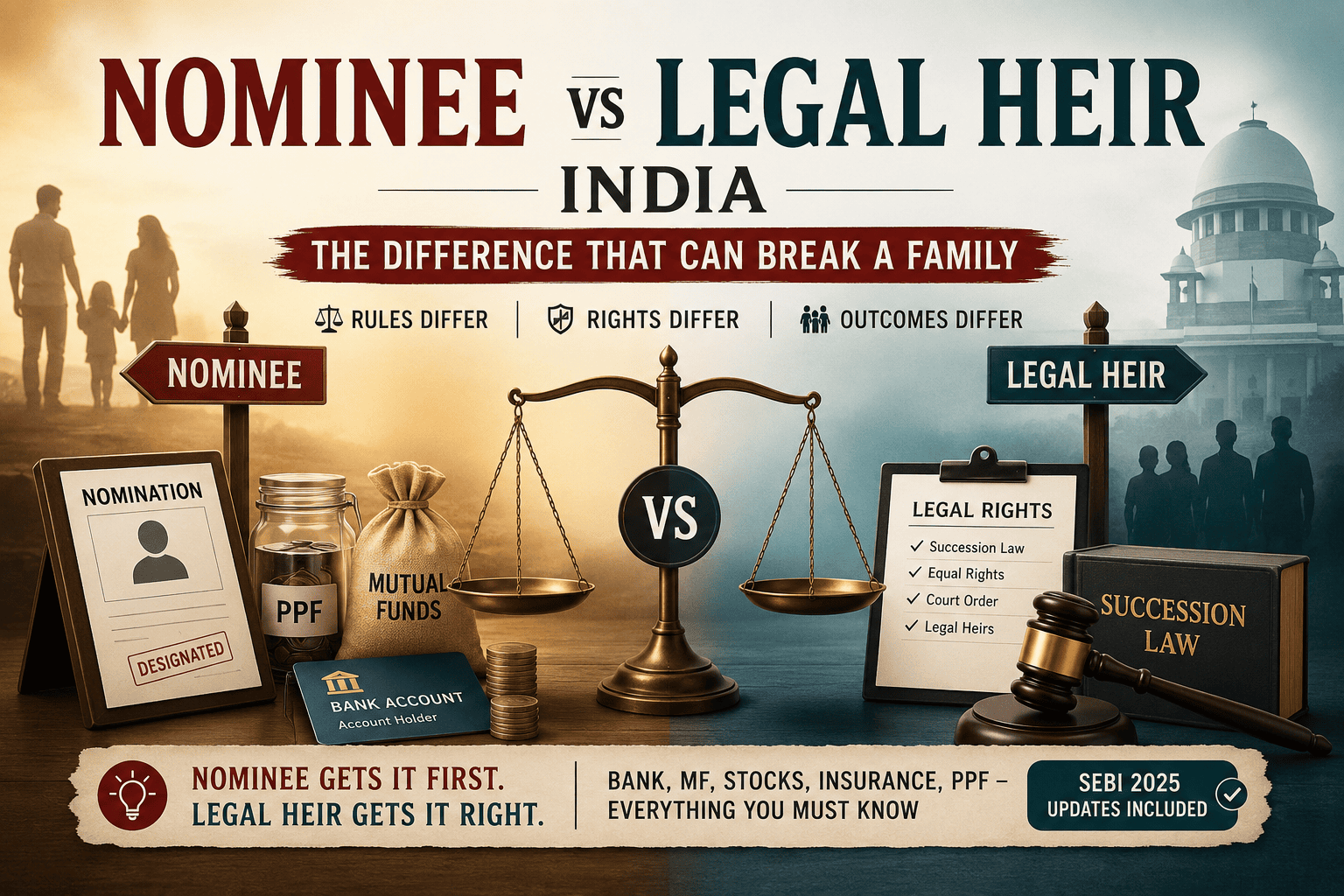 Illustration comparing nominee vs legal heir in India with bank accounts, mutual funds, insurance, PPF, legal documents, Supreme Court, and family inheritance concepts.