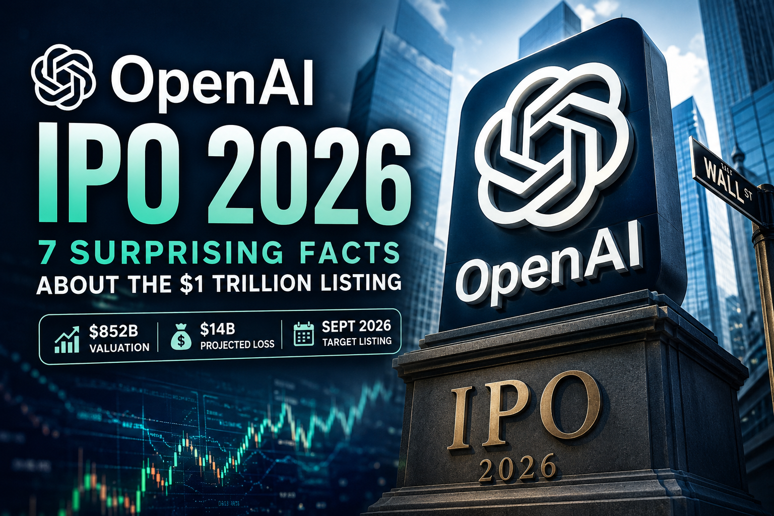 OpenAI IPO 2026 feature image showing ChatGPT logo, Wall Street, stock market chart, and $1 trillion IPO valuation concept