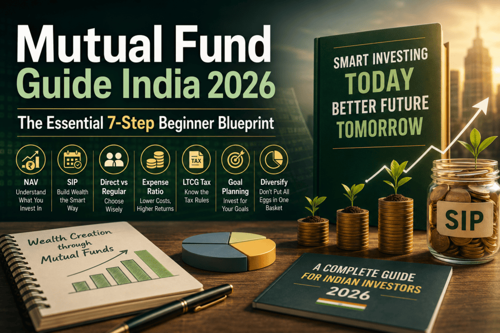 Mutual Fund Guide India 2026 featuring SIP investing, NAV, expense ratio, and beginner investment roadmap.