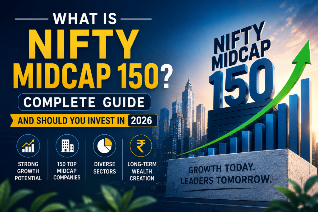 Nifty Midcap 150 complete guide 2026 with stock market growth chart and investment concept