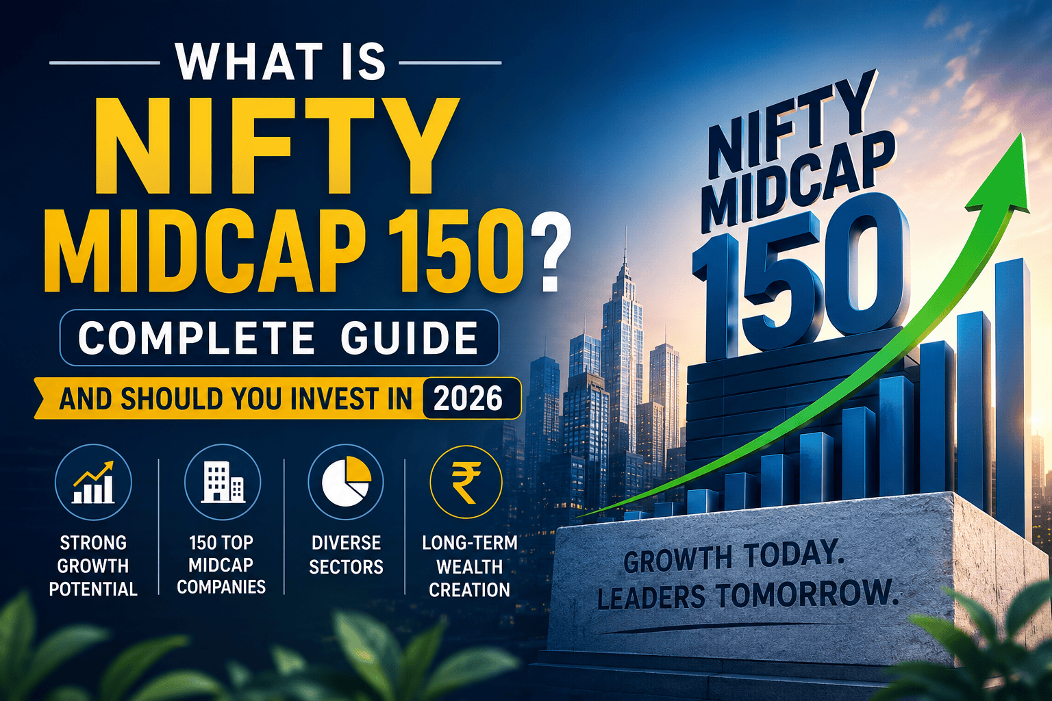 Nifty Midcap 150 complete guide 2026 with stock market growth chart and investment concept