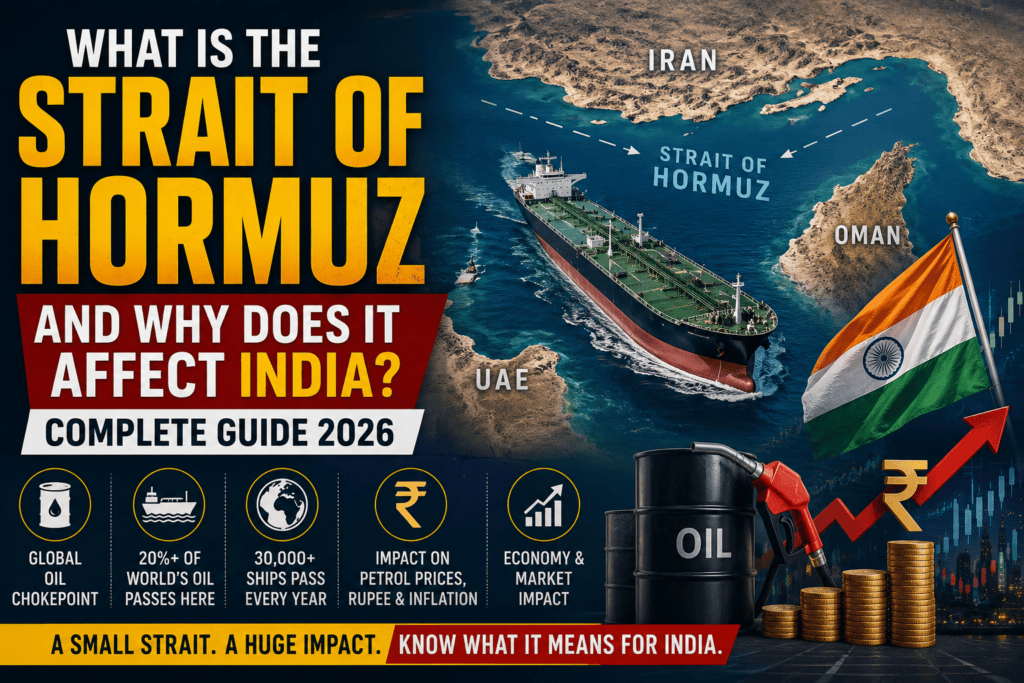 Strait of Hormuz map with oil tanker showing its impact on India's oil imports, petrol prices, rupee, and economy in 2026