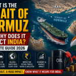 Strait of Hormuz map with oil tanker showing its impact on India's oil imports, petrol prices, rupee, and economy in 2026
