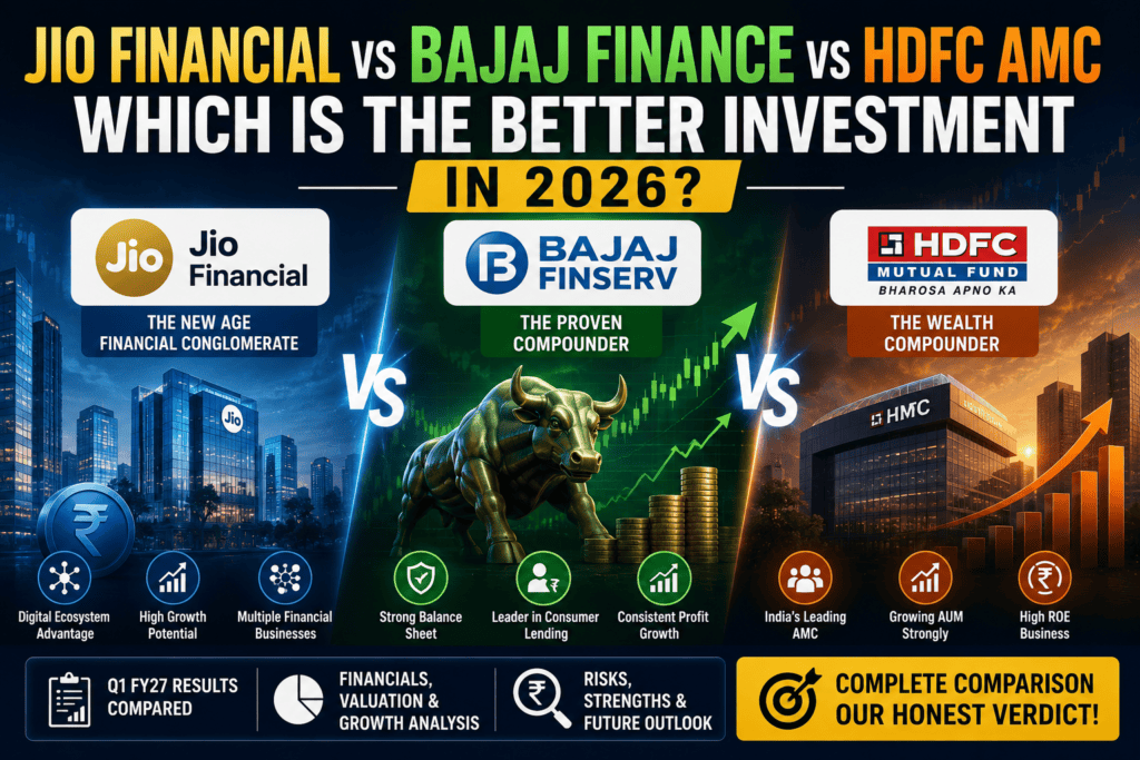 Jio Financial vs Bajaj Finance vs HDFC AMC comparison showing stock market growth, financial analysis, and best investment for 2026