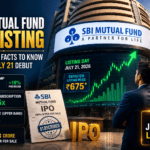 SBI Mutual Fund IPO Listing 2026 feature image showing BSE building, NSE office, bullish stock chart, expected listing price ₹675, GMP ₹101, and July 21 listing date.